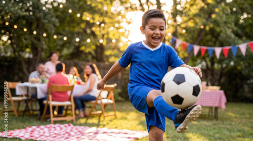 Labor Day backyard party Latino boy playing soccer laughing happily at family gathering for summer holiday active sports children concept design