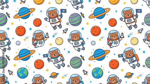 Cute Astronaut Bears Floating in Space, Planets, Rockets - Flat Style