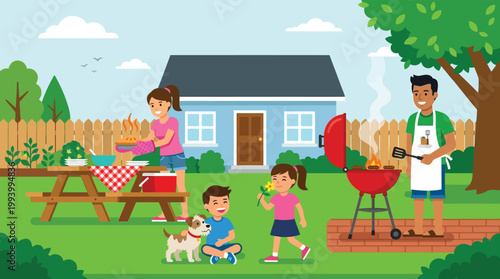 Family Having a Summer Barbecue Garden Party in House Backyard Vector Illustration with Picnic Table and Grill