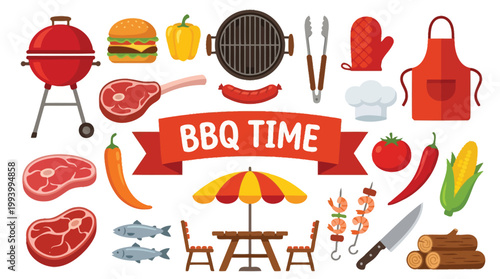 Barbecue Time Vector Icon Set with Grill Equipment and Fresh Food Elements for Summer Picnic Design