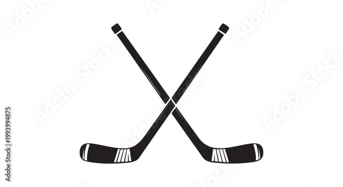 Pair of crossed hockey sticks in a simple black and white vector illustration, design element for sports themes.