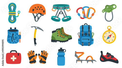 Flat Vector Icons of Climbing Gear and Equipment on White Background