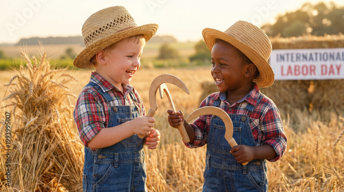 International Labor Day toddlers teamwork harvesting wheat farming agriculture joyful celebration diversity friendship outdoor promotional magazine content