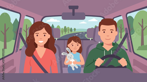 Happy Caucasian Family Traveling in Car for Summer Road Trip Vacation Flat Vector Illustration