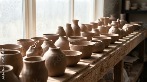 Numerous unglazed earthenware pots and bowls in various sizes are neatly arranged on a long wooden shelf illuminated by natural light from a large window.