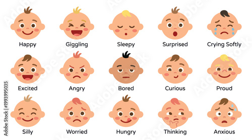 Baby Faces Emotions Expressions Set Flat Design Vector Illustration