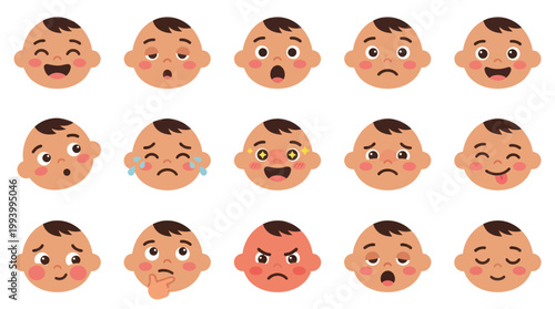 Cute Baby Faces Expressing Various Emotions Flat Design Vector