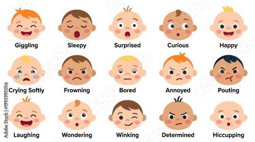 Cute Baby Emotions Faces Icons Set Flat Style Vector Illustration