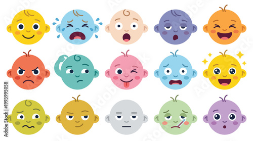 Cute baby faces showing different emotions and expressions vector illustration
