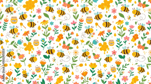 Cute Bees  Flowers Seamless Pattern, Vector Illustration, Cartoon Style