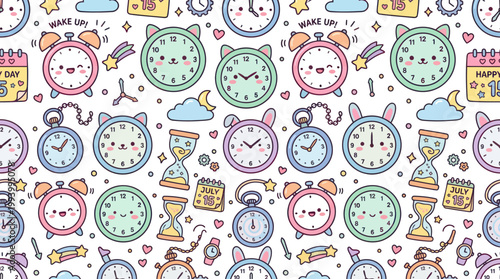 Cute Kawaii Doodle Time Clocks  Calendars Seamless Pattern Vector Art