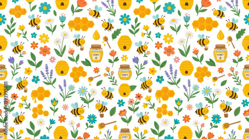 Cute Bee and Honeycomb Pattern, Flat Illustration, Vector Background