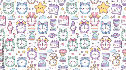 Cute Kawaii Cartoon Seamless Pattern: Time Management Clocks, Calendars,  Hourglasses for Kids  Lifestyle
