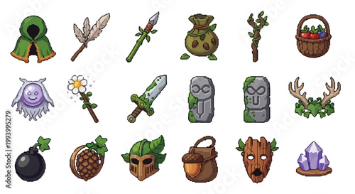 A diverse collection of forest-themed fantasy RPG icons featuring nature-inspired armor, weapons, rune stones, and magical items in vector style.