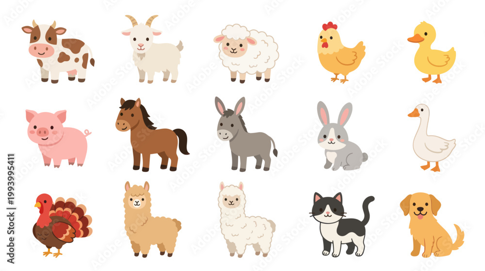 Fototapeta premium Cute Farm Animals Cartoon Collection, Flat Vector Illustration