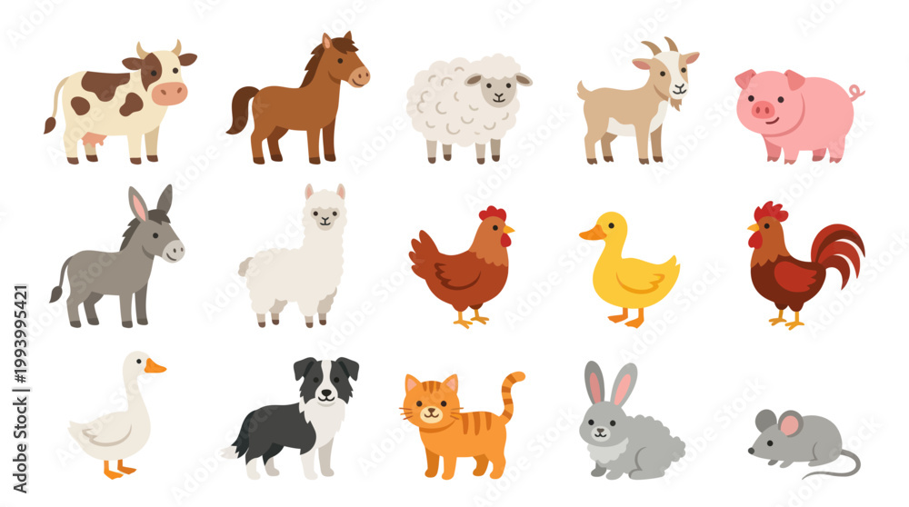 Fototapeta premium Cute Farm Animals Vector Set - Flat Design Style