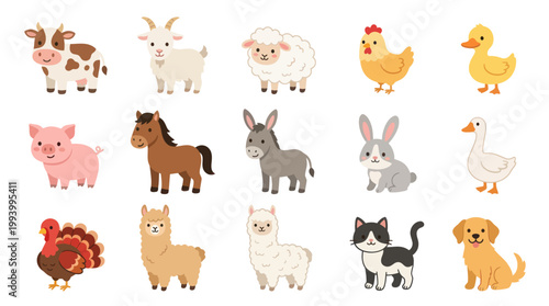 Cute Farm Animals Cartoon Collection, Flat Vector Illustration