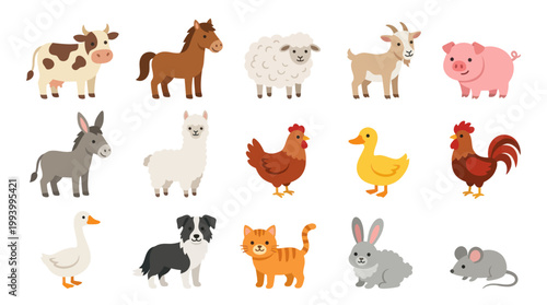 Cute Farm Animals Vector Set - Flat Design Style
