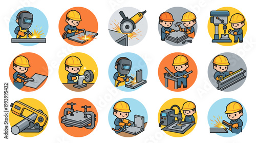 Cartoon Welders and Metalworkers Icons - Flat Vector Art