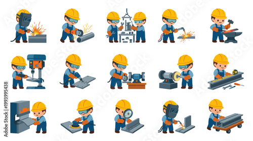 Flat Cartoon Metalworking Industrial Workers Set with Tools Vector Illustration