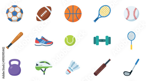Flat Design Sports Equipment Icons Set for Fitness, Recreation, and Active Lifestyle Vector Illustration