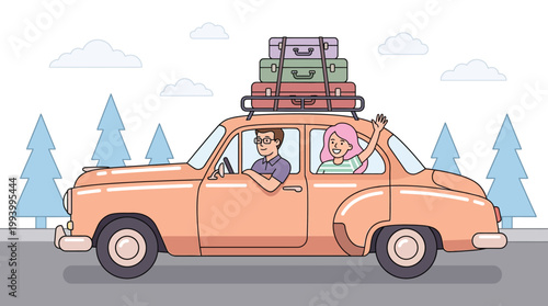 Happy Couple Traveling in Vintage Car on Road Trip with Suitcases on Roof for Summer Vacation