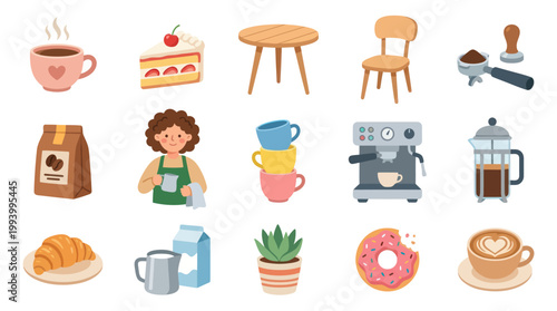 Coffee shop flat illustration with coffee, cake, donut, croissant and barista