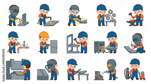 Cartoon welders performing industrial metalworking tasks, flat vector art