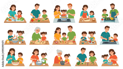 Diverse Families Cooking Together, Flat Vector Art, Healthy Food Concept