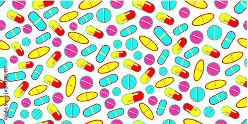 Seamless vector piils pattern. Seamless piils pattern background. Colorful capsules seamless pattern. Medical pills pattern background.	