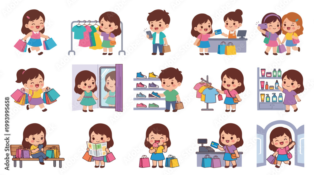 Fototapeta premium Children Shopping with Bags, Clothes, and Gifts - Flat Vector Art