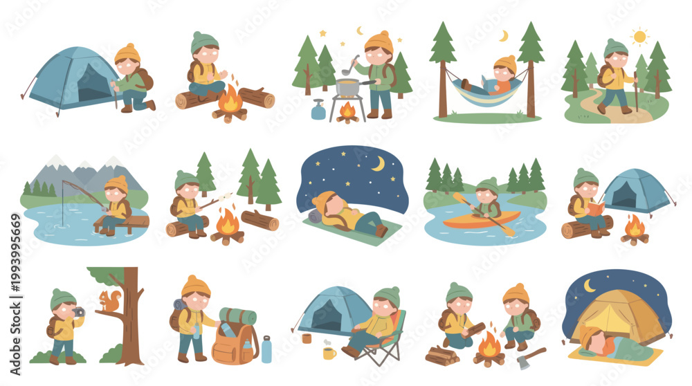 Obraz premium Flat Cartoon Camping Activities Vector Set: Outdoor Adventure, Nature, Campers, Tents
