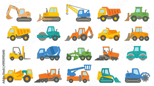 Construction Vehicles and Heavy Equipment Flat Cartoon Vector Set