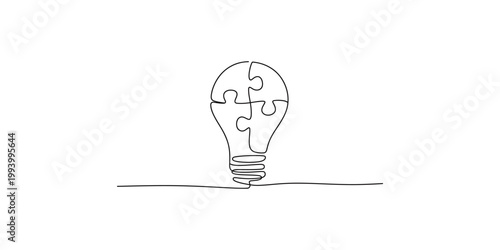 A simple line drawing of a lightbulb with puzzle pieces inside on white background