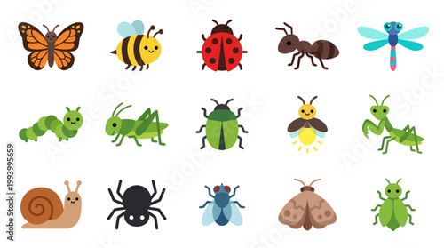 Cute Cartoon Insects Flat Vector Set - Kids Nature Illustration