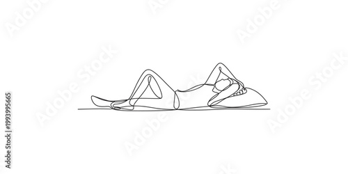 Continuous line drawing of a woman in a yoga pose on the floor with one leg bent