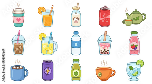 Cute Kawaii Drinks Collection Vector Art, Food  Beverage