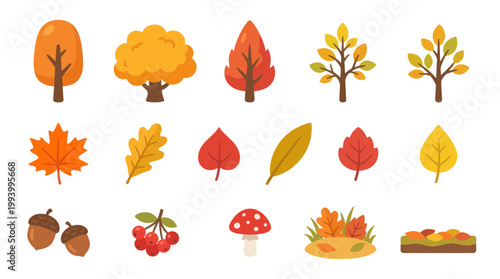 Flat Vector Autumn Fall Nature Icon Set with Seasonal Trees, Leaves, Acorns, Berries  Mushroom