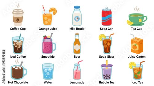 Flat Design Icons of Various Drinks in Vector Format