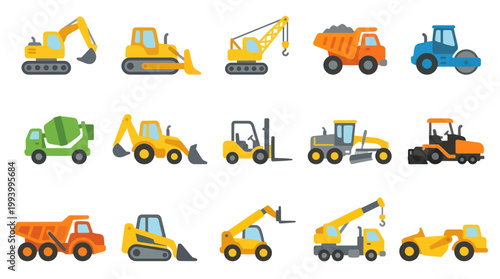 Flat Style Construction Vehicles Icons Set: Excavator, Crane, Truck, Loader