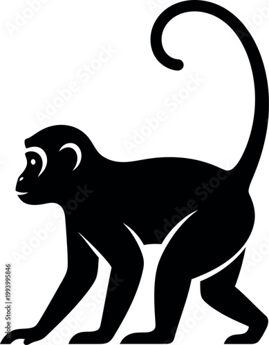 Minimalist monkey silhouette vector, black primate icon, stylized wild animal logo design