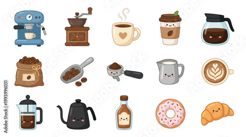 Cute Kawaii Coffee Icons: Espresso Machine, Beans, Croissant, Donut, Latte
