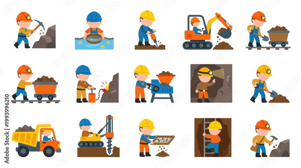 Fototapeta premium Mining Industry Flat Icons Set: Miners, Equipment, and Digging Operations