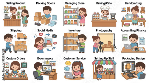 Cute Cartoon Business Activities - Small Business Operations Set Flat Art