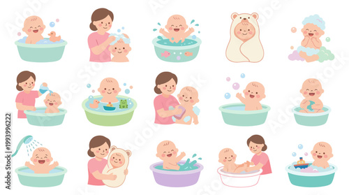 Cute Baby Bath Time Flat Vector Illustrations Set