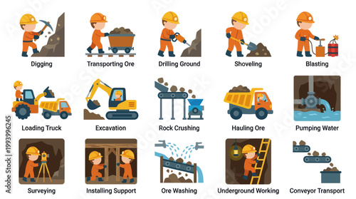 Mining Industry Icons: Flat Style Vector Set for Extraction and Processing