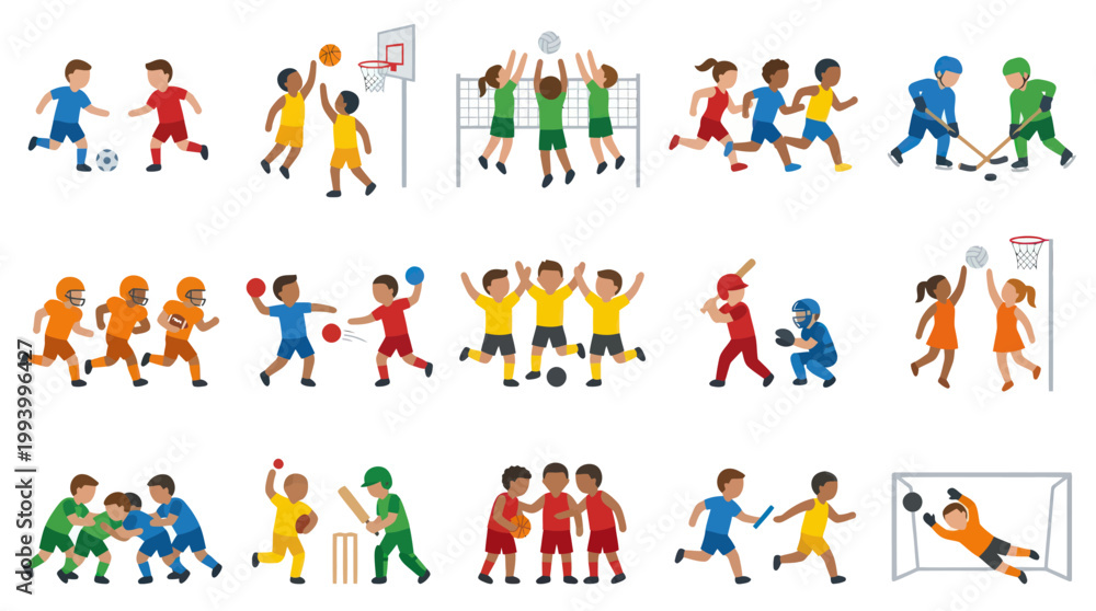 Fototapeta premium Diverse Kids Sports Activities Flat Cartoon Vector Set