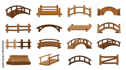 Outdoor Wooden Bridges, Fences  Logs Collection. Flat Cartoon Illustration Set.