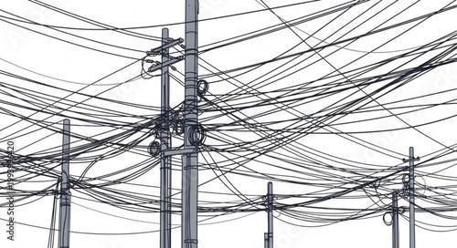 Tangled electrical wires on utility poles against a white background.