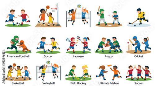 Children playing various sports, flat vector illustration, sports industry